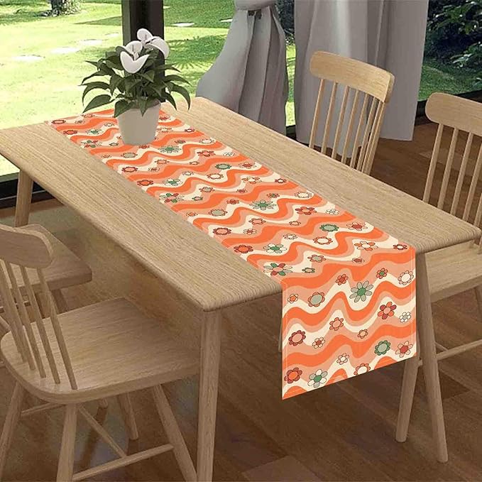 70s Table Runner, Retro Groovy Hippie Daisy Floral Orange Wave Funky Trippy Coffee Table Center Decor for Home Kitchen Dining Patio Holiday Party Indoor Outdoor Table Decorations, 13"x108" Inch