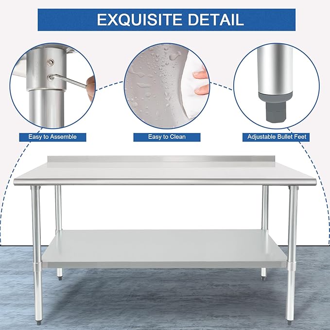 HARDURA Stainless Steel Prep & Work Table 30 x 72 Inches NSF Heavy Duty Commercial with Undershelf and Backsplash, Galvanized Legs for Commercial Food Prep