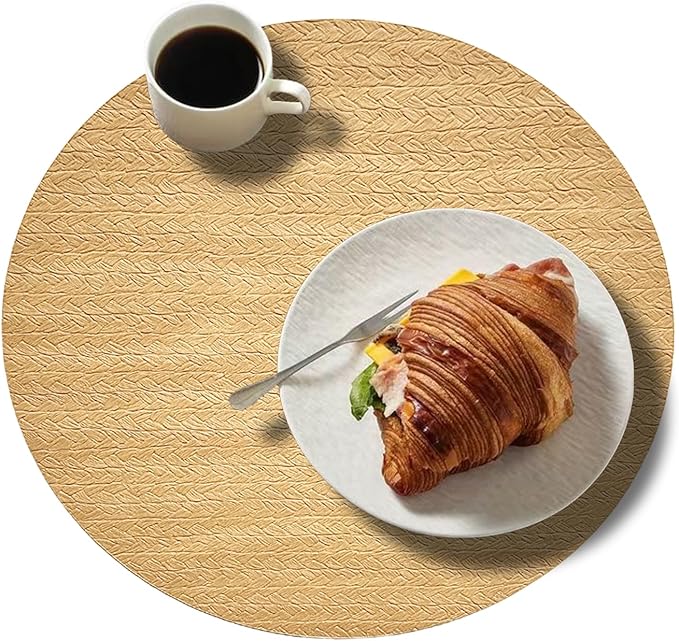 PIGCHCY Round 15" Water-Resistant Placemats Set of 6, Premium Faux Leather Placemats PVC Easy Clean Table Mats for Hotels Outdoor Dining, Wedding Decor (Golden Beige)