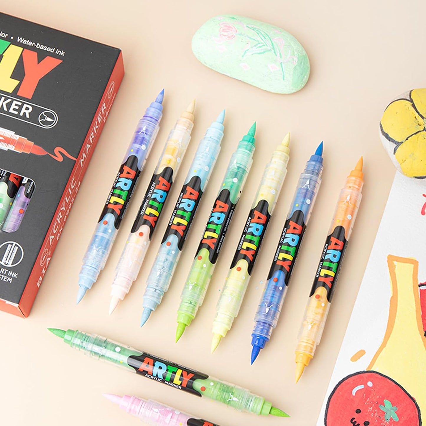 24 Colors Paint Markers, Dual-Color Acrylic Pens with Brush Tips, Double Tipped for Rocks & Art Supplies (12pcs/24colors)