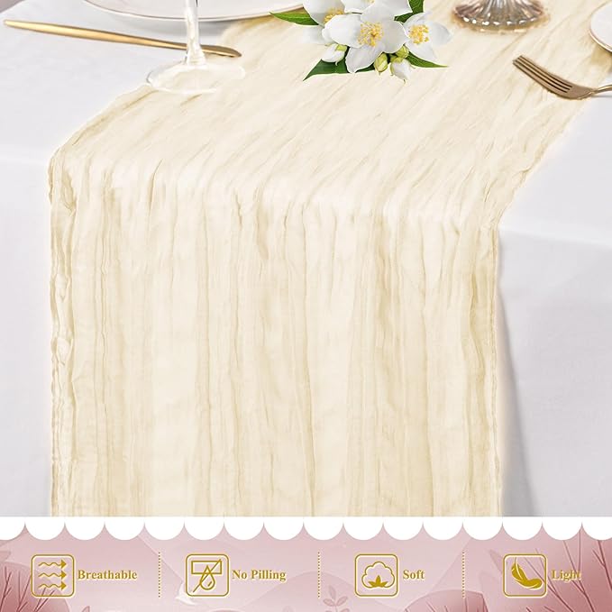 8 Packs Cheesecloth Table Runner 10FT Long Boho Gauze Fabric Table Runner Vintage Rustic Sheer Runners for Wedding Party Bridal Baby Shower Table Decorations (Ivory )