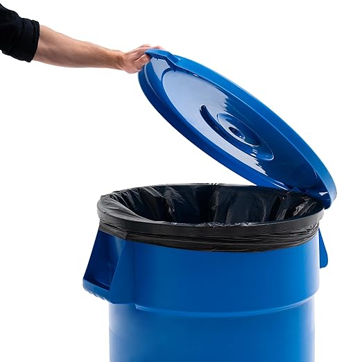 PRO&Family Commercial Round Trash Can with Lid and Dolly Rolling Waste Container, Ingredient Bin, Heavy-Duty Plastic, Anti-Static, Kitchen, Office, Outdoor Use (Blue, 44 Gallon)