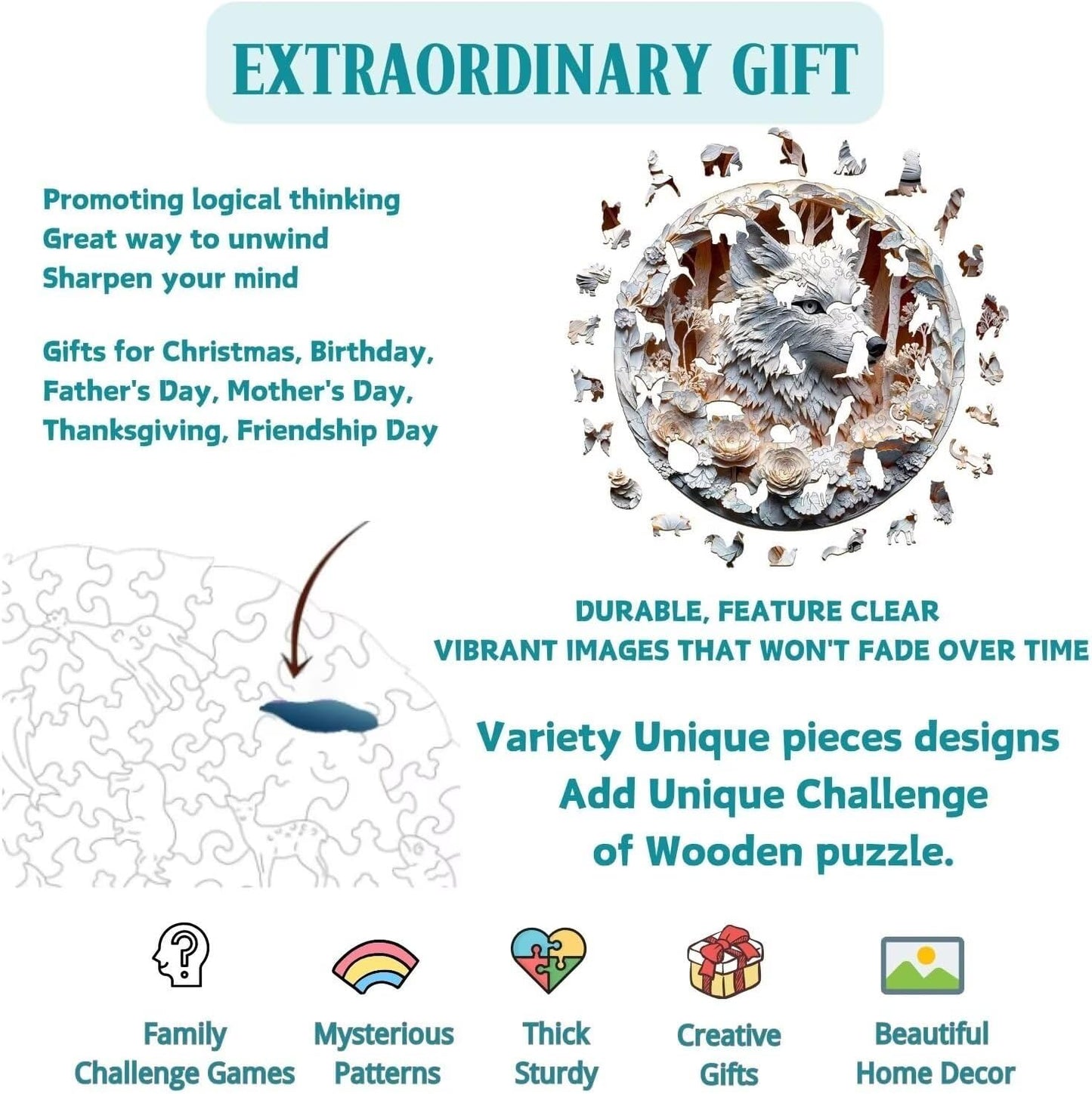 Wooden Puzzles Adults, 3D Wolf Puzzles 300 Pieces, Unique Animal Shaped Wood Challenging Jigsaw Christmas Puzzles Gifts for Adults, 13.4x13.4in