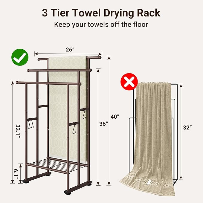 ELYKEN 3 Tier Standing Towel Rack, 40'' Tall Towel Drying Rack Outdoor, Freestanding Floor Towel Rack with Shelf, Pool Towel Blanket Stand, Metal Towel Racks for Bathroom freestanding, Bronze