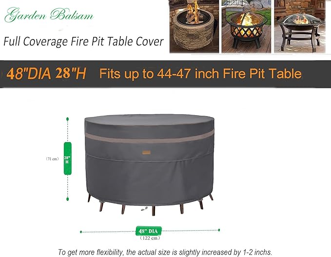 Fire Pit Cover 600D Heavy Duty Waterproof Fabric With PVC Coating Round 48" Dia x 28" H Dark Grey Fits 44-47 inch Fire Pit Table Fade Resistant Outdoor Firepit Cover