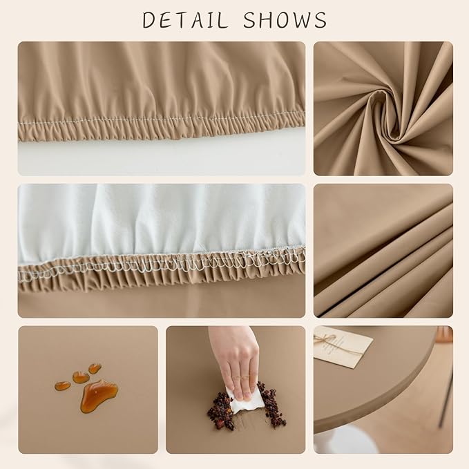 Round Fitted PU Tablecloth with High Elastic Edge 59 Inch Dia Waterproof Oil Proof Table Cloth Anti-scald Stain-Resistant Wipeable Table Cover for Indoor Outdoor Picnic (Cream Coffee,59"Dia)