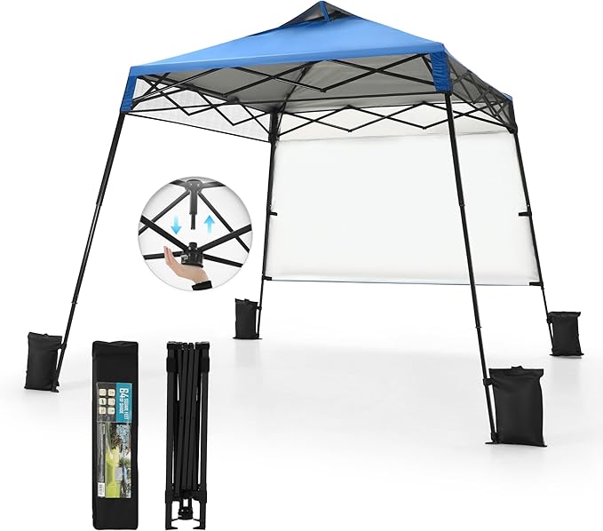 PHI VILLA 8x8ft Pop Up Canopy Tent Instant Portable Shelter One Push Tent Canopy with Wheeled Carry Bag, 4 Weight Bags, Slanted Legs-Blue