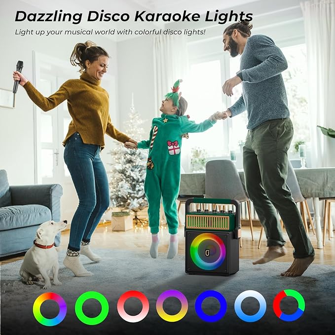 JYX Bluetooth PA Speaker System with 2 Wireless Mics, Retro 60W Karaoke Machine with LED Lights, Supports Recording, USB/TF/AUX/MIC Input for Home Party