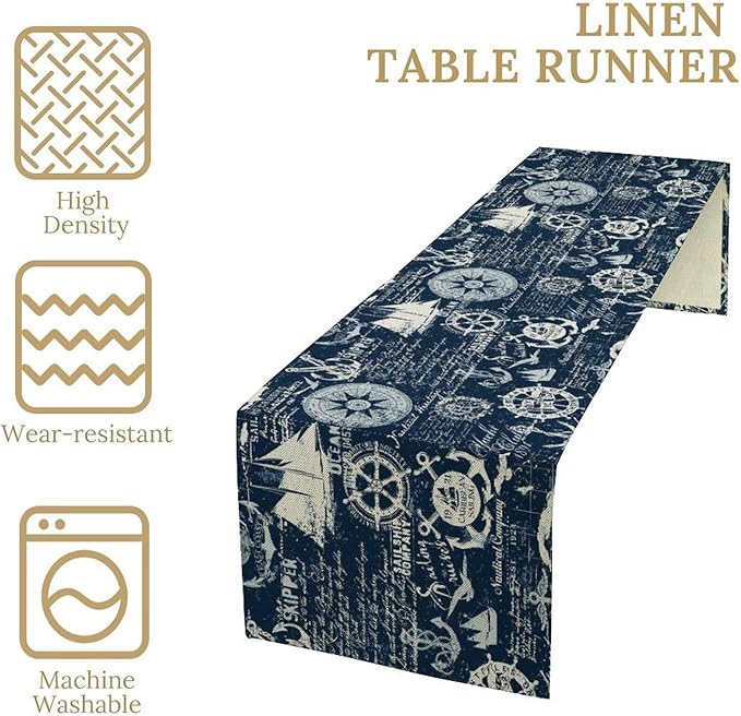 Marine Ship Table Runner, Nautical Pattern Seasonal Farmhouse Sea Rustic Kitchen Dining Table Decoration for Holiday Home Party Festival 13x36in