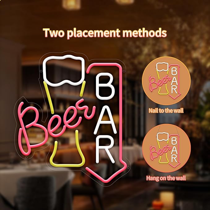 Beer Bar Neon Sign for Wall Decor, USB Powered Beer Bar Led Sign, Reusable Light Up Sign for Business, Light Up Sign for Kitchen and Livingroom
