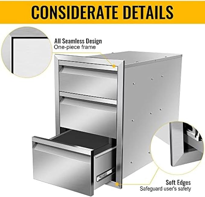 Outdoor Kitchen Stainless Steel Triple Access BBQ Drawers With Handle For BBQ Island Patio Grill Station,Three Drawers