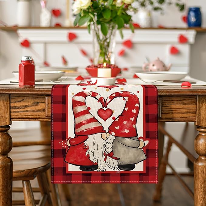 Artoid Mode Red Watercolor Hearts Gnomes Love Valentine's Table Runner, Seasonal Anniversary Wedding HoliKitchen Dining Table Decoration for Indoor Outdoor Home Decor 13 x 60 Inch