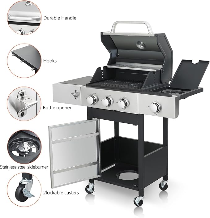 3-Burner Gas Grill with Side Burner, 37230 BTU Outdoor BBQ, Large Cooking Area with Enameled Cast Iron Grates, Locking Wheels & Foldable Side Tables for Patio & Backyard(3+1 Burner)