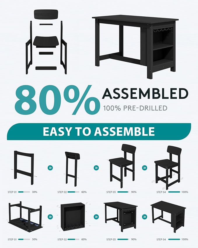 SERWALL 8-Piece Counter Height DiningTable Sets with Storage and Wine Rack, HDPE 2 Rectangular Bar Table with Bar Stools Set of 6 for Garden, Backyard, Kitchen, Black