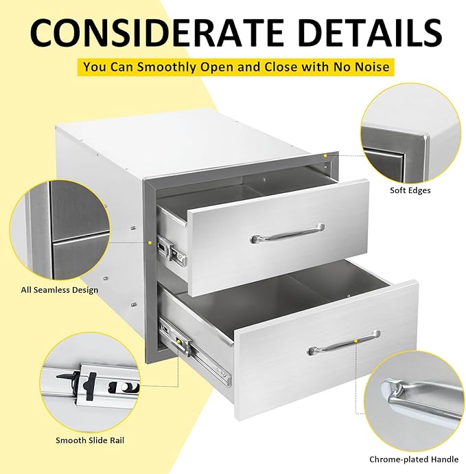 Outdoor Kitchen Drawers 18" W x 15" H x 23" D Flush Mount Double layer BBQ Drawers with Chrome Handle,Stainless Steel Built-in 2-Drawer for Outdoor Kitchen Island, Patio Grill Station