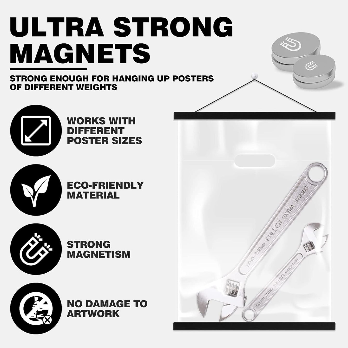 Ywlake Magnetic Poster Hanger, 34x22.5 34 x 22 34x24 Poster Frame Wood Wooden Magnet Print Posters Dowel Scroll Hanger Hangers Hanging Kit for Walls Map Canvas Artwork (Black, 34")