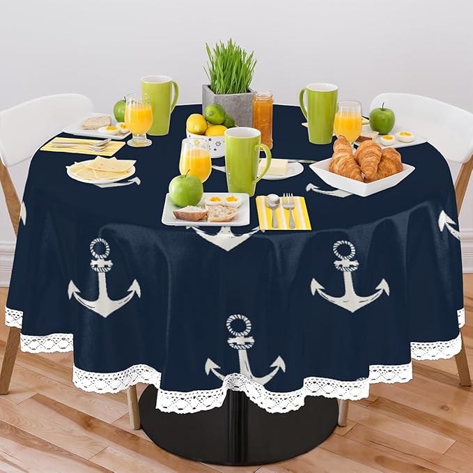 Round Tablecloth Waterproof Table Cloth for Kitchen Dinning Wedding Party Tabletop Decor,Nautical Anchor On Navy Blue Table Cover with Lace Trim,60 Inch