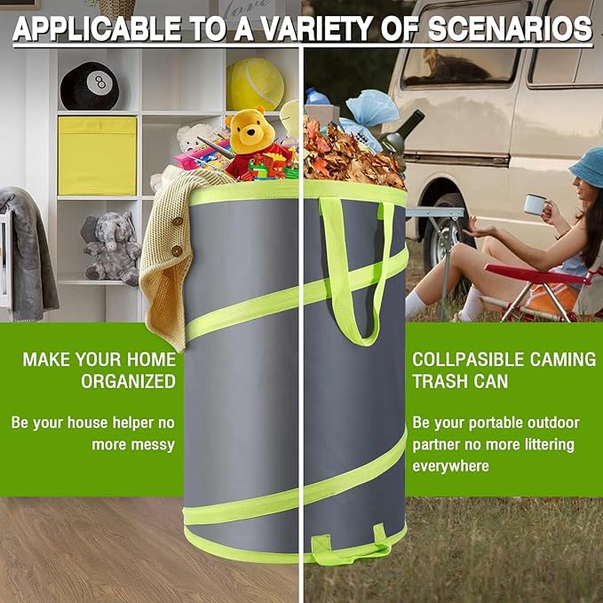 Resuable Leaf Bag 2 Pack, Collapsible Trash Can for Camping, Garden Waste Bag Pop Up, 120L Large Yard Waste Container with Drain Holes and Drawstrings for Windy Days