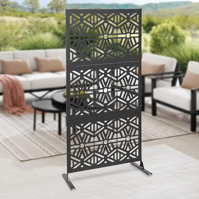 75" H×35" W Decorative Outdoor Privacy Screen with Stand, Outdoor Decor Privacy Fence Screen Metal Fence Panels, Free Standing Metal Divider for Patio Lawn Deck (Black-Rhombus)