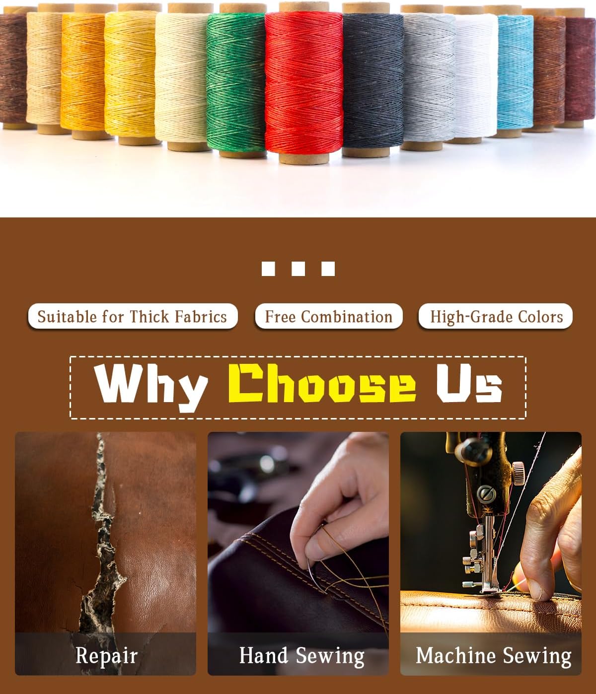 DIUDUS 218 Yards Waxed Thread, Leather Sewing Waxed Thread with Heavy Duty Sewing Needles, Leather Thread for Hand Stitching Leathercraft Repair Furniture Shoes Bags Sofa (Black)