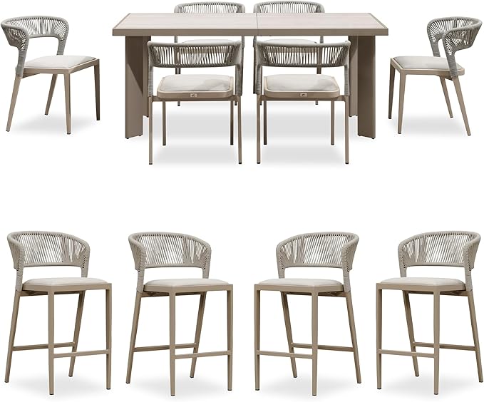 PURPLE LEAF 7 Pieces Outdoor Dining Set Patio Table and Chairs Set Aluminum Rattan Wicker Patio Furniture Set for Lawn Backyard Deck Champagne with Counter Stools