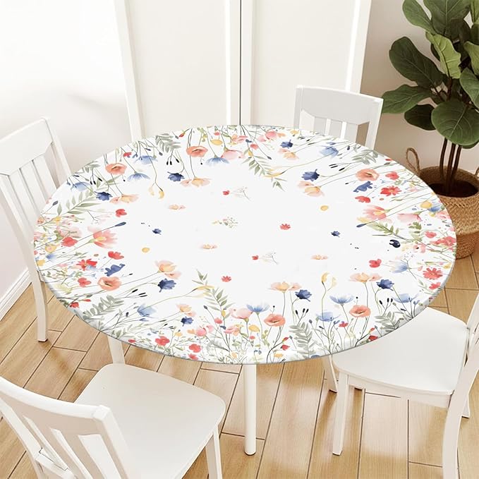 Spring Summer Floral Round Fitted Tablecloth with Elastic Watercolor Farmhouse Wildflower Circle Table Cloth for 44-48" Tables Wipeable Waterproof Easter Flower Table Cover for Picnic Dining Outdoor