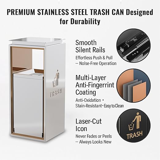 Commercial Trash Can - 42L Heavy Duty Stainless Steel Garbage Bin with Lid & Liner, Fingerprint-Resistant Indoor Outdoor Waste Container for Restaurant,Hotel,Shopping mall,13"x13"x30"