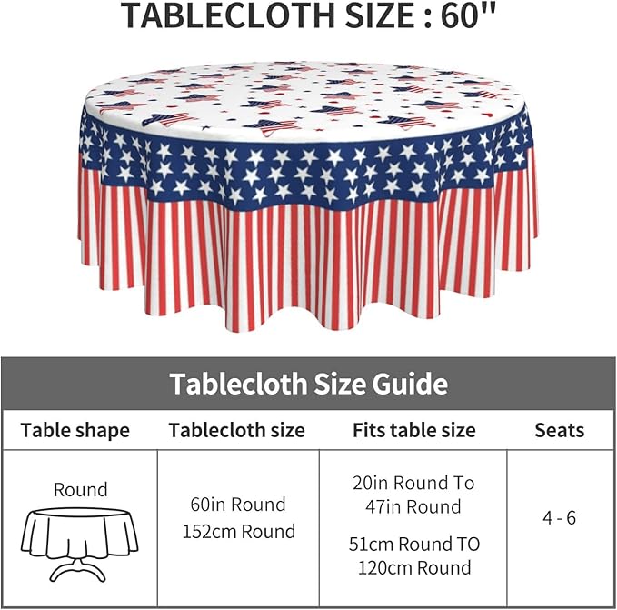 American Flag Round Tablecloth 4th of July American Flag 60 Inch Waterproof Rustic Table Cloth Fabric Farmhouse Stripe Tablecloth Decorative for Picnic Party Holiday Home Indoor Outdoor
