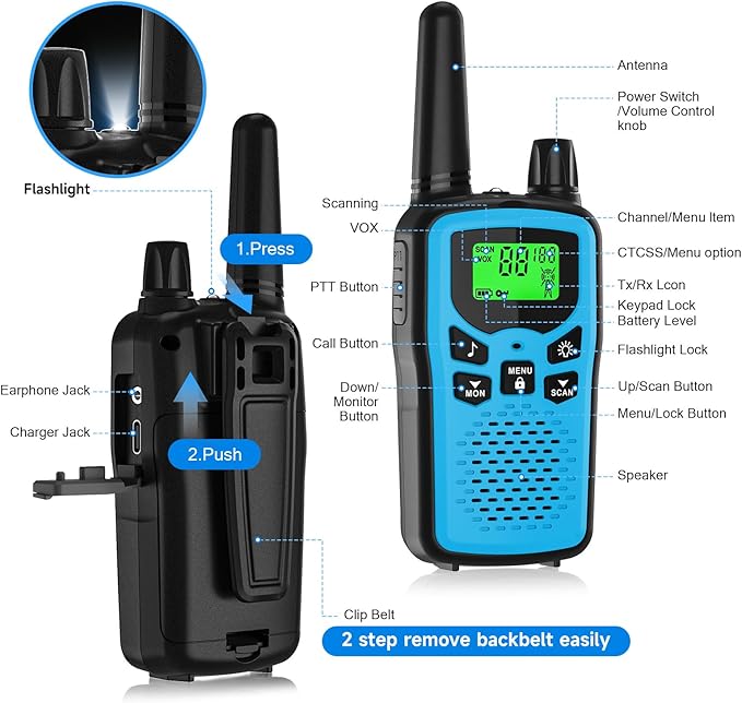 Rechargeable Walkie Talkies Long Range for Adults, Walky Talky VOX with 22 FRS Channels, 99 Privacy Codes Two Way Radio,1200mAh Li-ion Battery, for Camping Hiking Emergency (4 Pack Colorful)