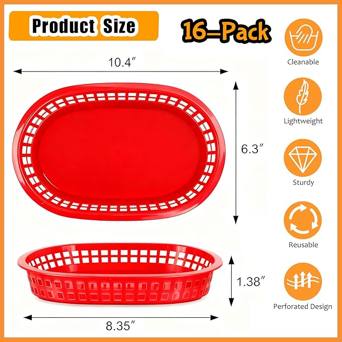 Fast Food Baskets 16-Pack, 10 x 6 Inch Plastic Oval Serving Baskets for Burgers, Bread, Fries & Sandwiches, Restaurant Diner Cafeteria Food Truck Party Use, Reusable&Stackable(Red)