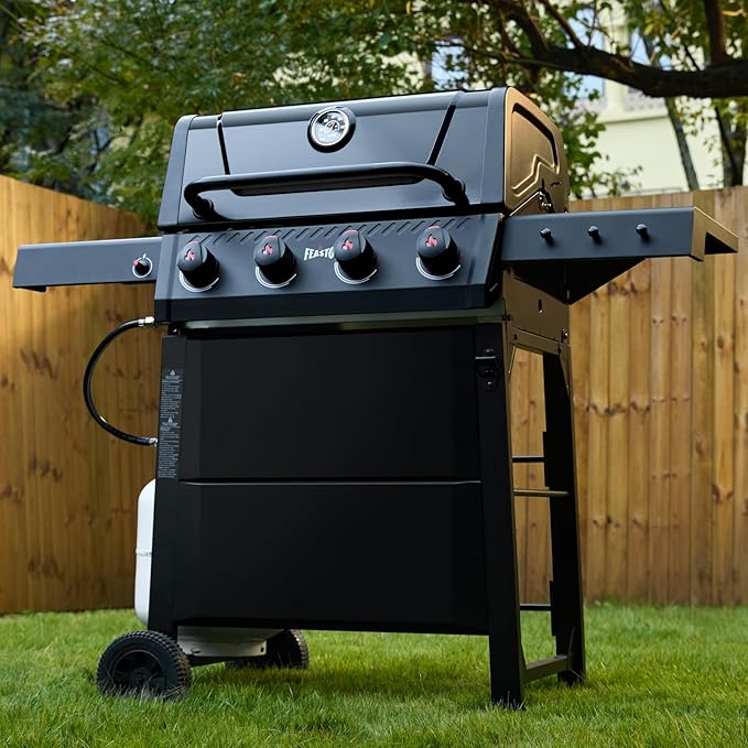 4-Burner Gas BBQ Grill with Side Table, 36,000 BTU Outdoor Propane Grill with Enameled Coated Chamber Body, Premium Porcelain-Enameled Grates for Backyard, Patio, Camping Barbecue, Black