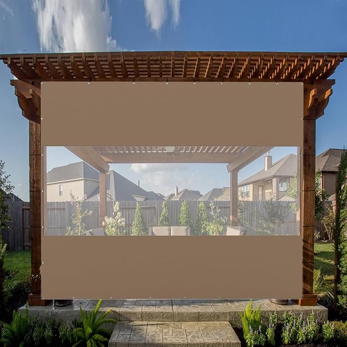 Domi Heavy Duty Outdoor Clear Panel Curtain, 18 oz Waterproof PVC Polyester Curtain, Weather Resistant & Tearproof for Patios, Gazebos, Pergolas, Privacy Screen (10'H x 10'W, Brown)