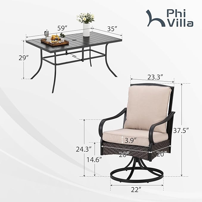 PHI VILLA Outdoor Dining Set for 6, All-Weather Patio Table and Chairs Set for 6, Heavy Duty Rectangle Patio Metal Table Set for Deck, 6 Extra Large Outdoor Swivel Chairs with Thick Cushions
