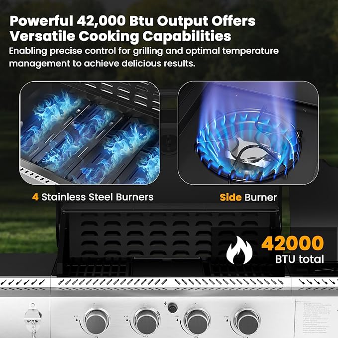 4-Burner Gas Grill with Side Burner,Stainless Steel Propane Grill with Porcelain-Enameled Grills,Built-In Thermometer,42000BTU BBQ Grill for Outdoor Cooking and Patio Barbecues