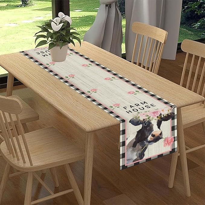 Cow Farmhouse Table Runner, Rustic Black White Plaid Buffalo Animals Flower Rose Farm Coffee Table Center Decor for Family Kitchen and Living Room Country Holiday Party Table Decorations, 13" X 36"