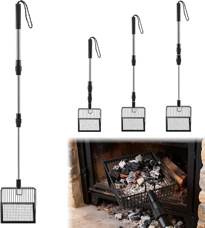 Long Handle Fireplace Ash Sifter, Hollow Out Metal Coal Shovel with 3-Section Adjustable Handle, Heat Resistant Charcoal Shovel Scoop for Wood Stove, Fireplace, Fire Pit and Grill
