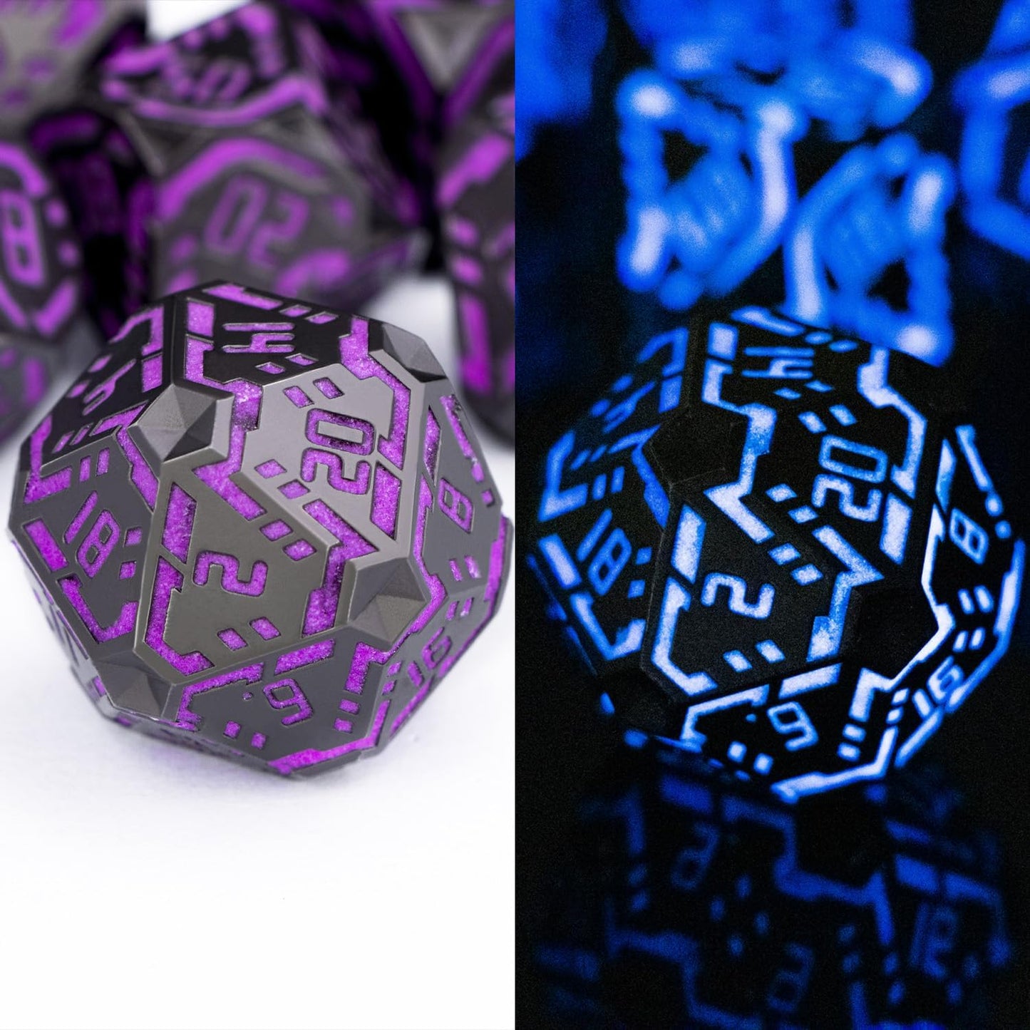 Metal DND Sci-fi Dice Set 7PCS Luminous Purple Stripe Polyhedral Dice for Dungeons Dragons RPG Role Playing Game, Glitter D and D Dice with Gift Box D6 D8 D10 D12 D20