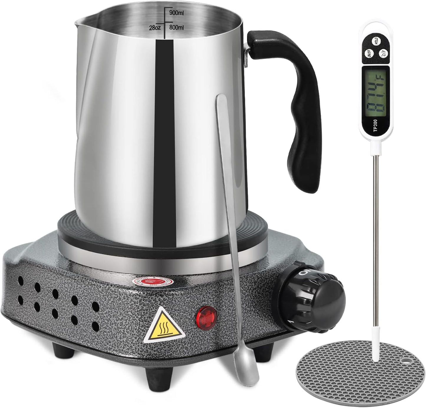 SAEUYVB Candle Making kit with Hot Plate,Candle Making Supplies,Candle Making Kit for Beginners with Melting Pot,Stirring Spoon and Anti-Scalding Pad Perfect Set Gift（Silver Gray）