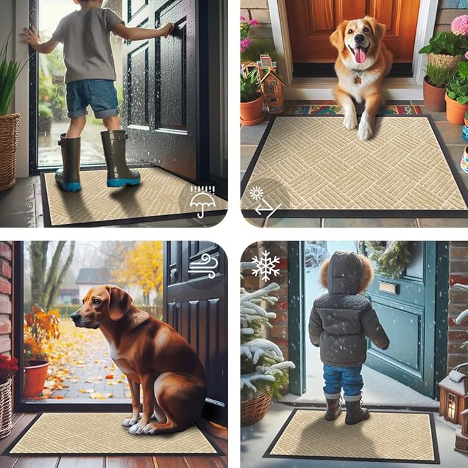 Smiry Front Door Mat Outside Entrance, Heavy Duty Outdoor Indoor Natural Rubber Doormat, Non Slip, Trap Dirt and Moisture, Easy Clean, Low Profile Patio Porch Entryway Mat, 59x23, Beige