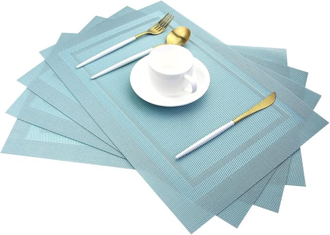 PIGCHCY Heat Insulation Non Slip Plastic Placemats,Washable Easy to Clean Woven Vinyl Kitchen Stain Resistant Placemats for Dining Table Set of 4(Sky Blue)