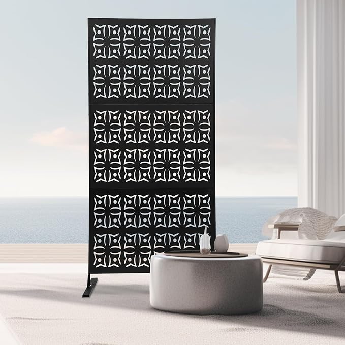 75" H×35" W Decorative Outdoor Privacy Screen with Stand, Outdoor Decor Privacy Fence Screen Metal Fence Panels, Free Standing Metal Divider for Patio Lawn Deck (Black-Orchid)