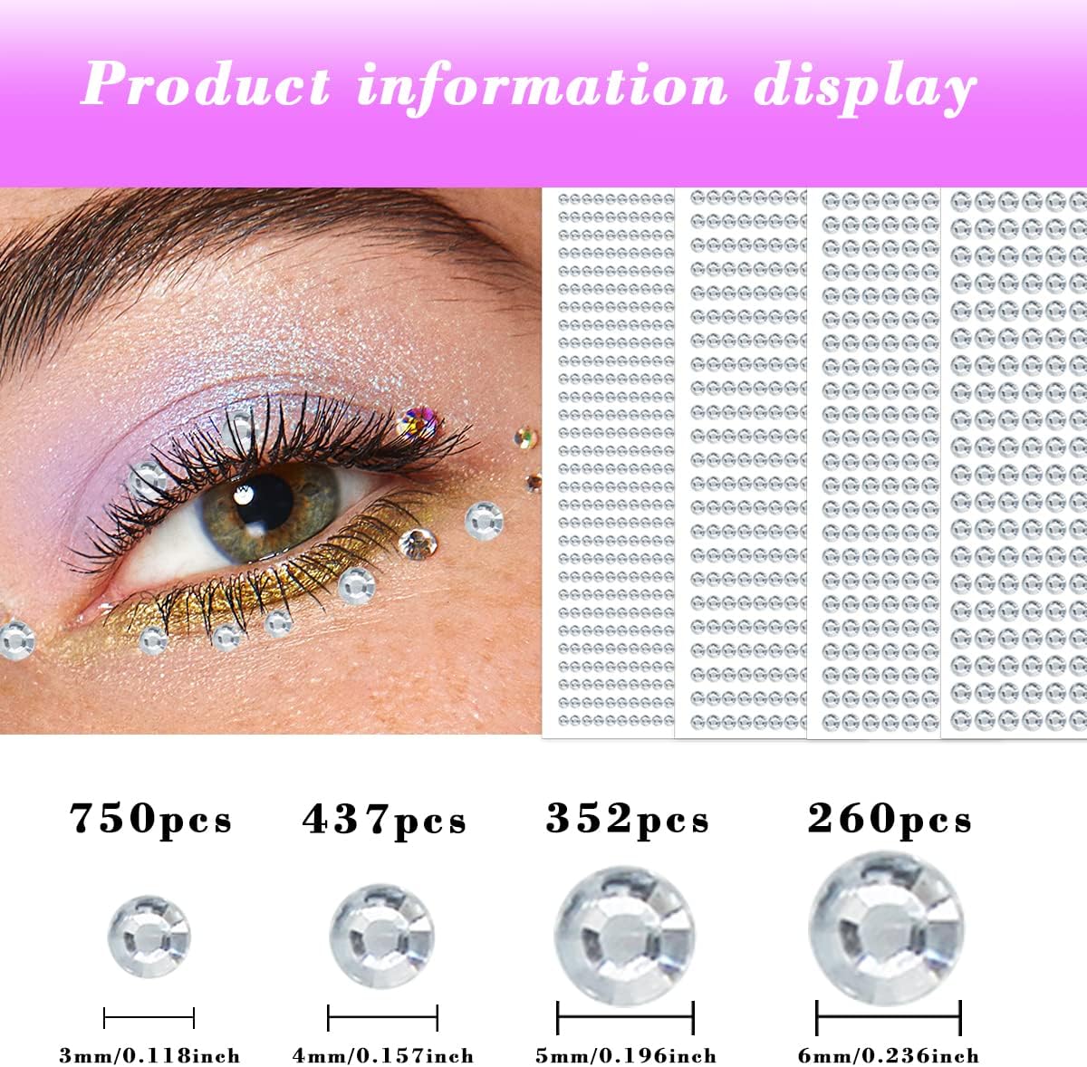 1799pcs Self Adhesive Face Gems Stickers, Hair Gems Rhinestones Stickers, Bling Jewels for Makeup, Crafts, Home Decor Scrapbooking Embellishments, 4 Sizes 3mm/4mm/5mm/6mm(Clear Rhinestones)