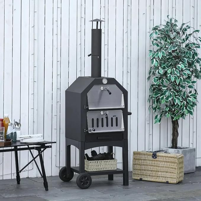 Outdoor Pizza Oven, Wood Fired Pizza Oven with Wheels for Outside, Portable Pizza Maker with Stone, Peel, Cover & Cooking Grids for Backyard, Patio, Camping, Black