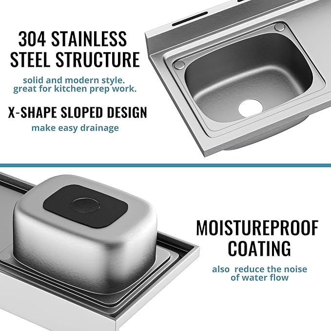 Stainless Steel Sink, Free Standing Kitchen Sink with Countertop Workstation, Utility Sink Single Bowl with Cold and Hot Water Pipe for Kitch Laundry Room Garage Farmhouse Indoor Outdoor (39 Inch L)