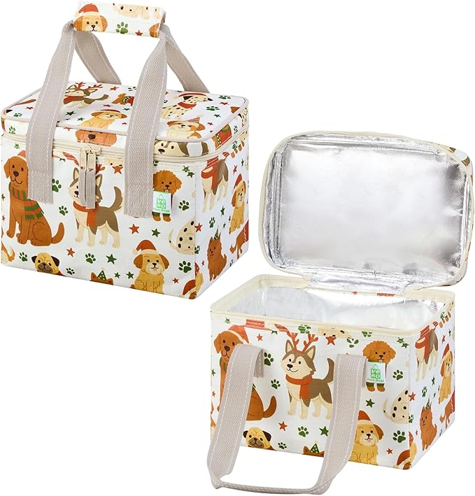 VENO 2 Pack Christmas Insulated Lunch Bag, Heavy Duty Insulated Grocery Bags, Small Cooler with Water-Resistant PP Exterior for Work, Picnic, Travel, Easy-Clean (Holiday Pups, 2 Pack)
