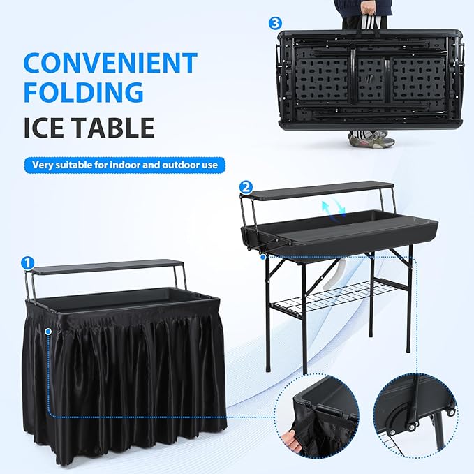 Nice C 4 ft Folding Ice Cooler Table, Party Cooler, Grazing Table, Tables with Drain, Party Tables, with Matching Skirt, Storage Shelf (Black)