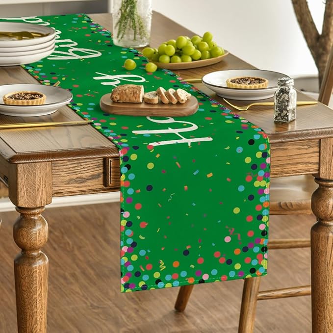 Artoid Mode Polka Dot Green Happy Birthday Table Runner, Seasonal Christmas Winter Kitchen Dining Table Decoration for Home Party Decor 13x72 Inch