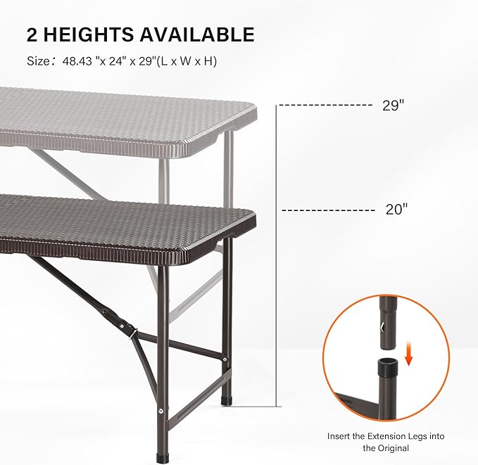 VINGLI 4 FT Plastic Folding Camping Table, Portable in/Outdoor Party Picnic Dining Desk,Garden Soccer Multipurpose Entertaining Activities, Brown