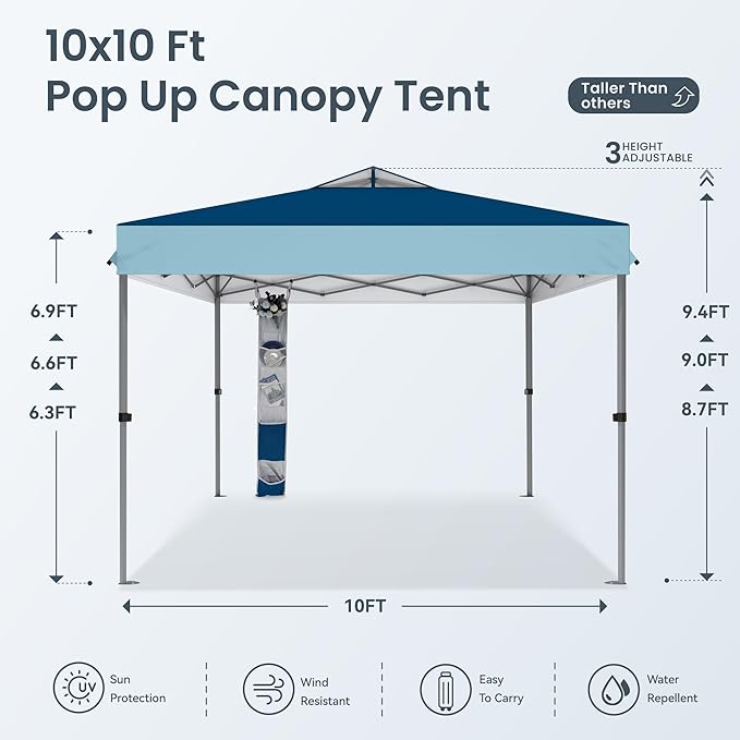 PHI VILLA 10x10ft 1-Person Setup Pop Up Canopy Tent Instant Portable Shelter w/ 1-Button Push, Case, 4 Weight Bags - Dark & Light Blue