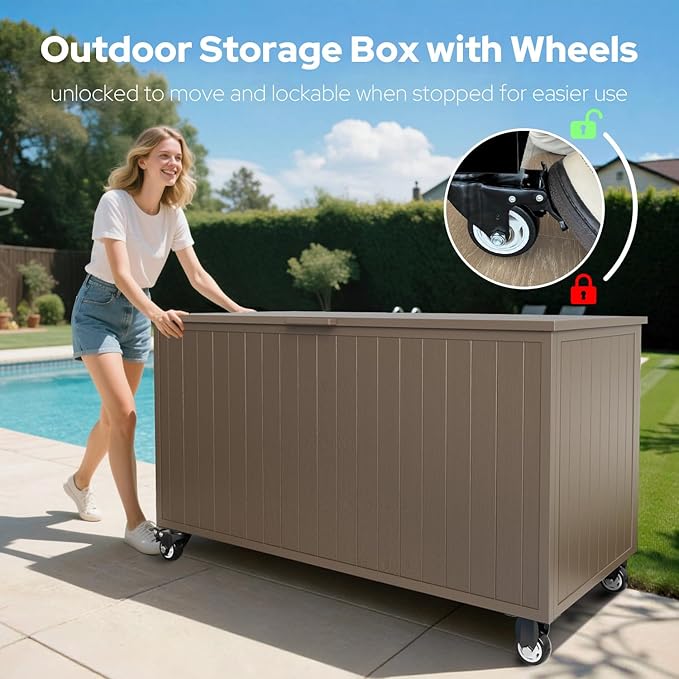 Outdoor Storage Box with Wheels 150 Gallon, Metal Deck Boxes Waterproof, UV Resistant Patio Storage Box with Lid for Patio Furniture, Garden Tools (Brown)